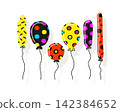 Cute multicolored balloons in doodle style. Funny bright clipart. Art concept. Vector illustration for website banner, kids' room poster, gifts card, party invitation backdrop, t-shirt print 142384652