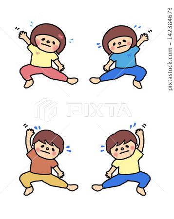 A set of illustrations of a boy and a girl who have started a diet and are working hard at yoga, gymnastics, and exercise. A set of illustrations of a boy and a girl who have started a diet and are working hard at yoga, gymnastics, and exercise. 142384673