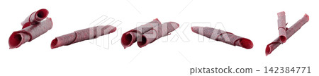 Set of Fruit Pastila roll tubes, isolated on transparent background. Sweet natural snack made from dried fruit puree, healthy dessert concept Set of Fruit Pastila roll tubes, isolated on transparent background. Sweet natural snack made from dried fruit puree, healthy dessert concept 142384771