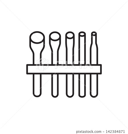 Minimalist line art icon of a multi-piece drive punch set arranged on an organizing rack. Minimalist line art icon of a multi-piece drive punch set arranged on an organizing rack. 142384871