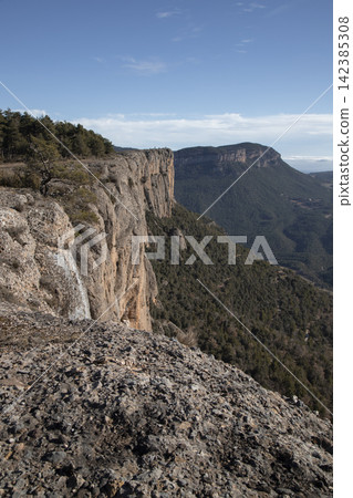 Towering cliff overlooking forest and distant mountain landscape Towering cliff overlooking forest and distant mountain landscape 142385308