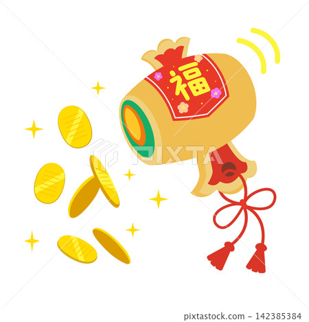 An auspicious illustration of a magic mallet and scattered gold coins. An auspicious illustration of a magic mallet and scattered gold coins. 142385384
