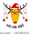 Cute Christmas illustration with holiday Deer in red Santa hat and decor balls on his horns. Vector cartoon fun clipart for greeting Xmas card, website banner, sale poster, flyer, gift packaging 142385633