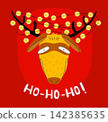 Cute Christmas illustration with holiday deer and lights garland on red background. Vector cartoon clipart can be used for greeting Xmas card, website banner, sale poster, flyer, gift packaging 142385635