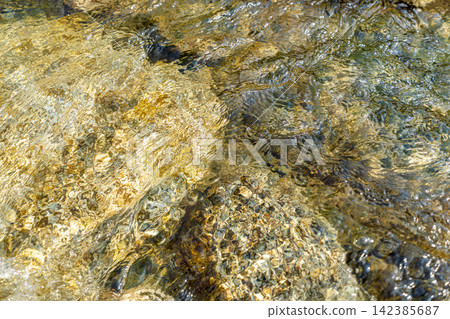 Close-up of the surface of water flowing in a summer mountain stream 26 142385687
