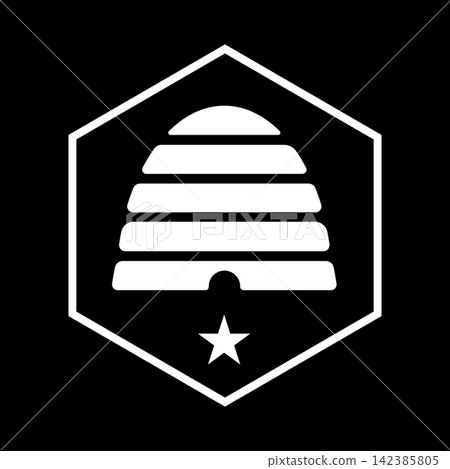 Outlined white hexagon containing beehive above five pointed star. Symbol from Flag of U.S State Utah minimal sticker, badge. Outlined white hexagon containing beehive above five pointed star. Symbol from Flag of U.S State Utah minimal sticker, badge. 142385805