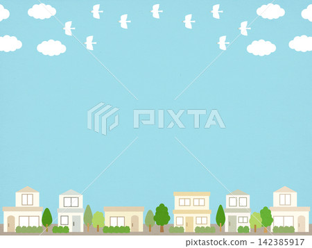 A frame of houses and white birds flying in a refreshing blue sky. A frame of houses and white birds flying in a refreshing blue sky. 142385917