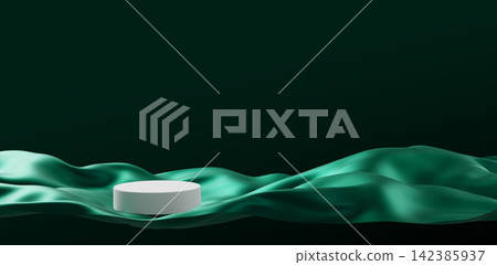 Luxury white podium cosmetic display product on flowing emerald green silk fabric on dark green background 3D render 142385937