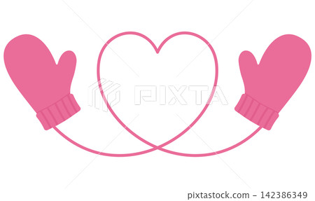 An illustration of pink gloves with strings forming a heart-shaped frame. 142386349