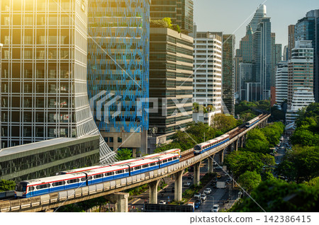 The Sky train in Bangkok with building The Sky train in Bangkok with building 142386415