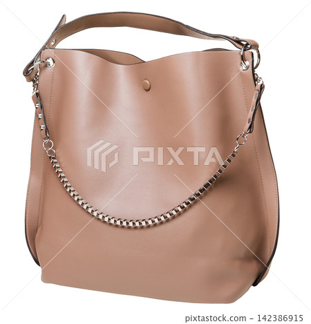Beige leather womens hobo bag with silver chain strap isolated on white background. Casual shoulder tote purse side view Beige leather womens hobo bag with silver chain strap isolated on white background. Casual shoulder tote purse side view 142386915