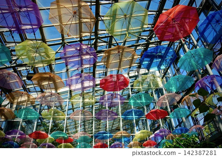 A vibrant umbrella sky scene with light streaming in through the glass ceiling. A vibrant umbrella sky scene with light streaming in through the glass ceiling. 142387281