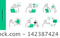 Artificial intelligence and human collaboration concepts. Doodle line characters working on laptop with robot, cloud computing, neural network, and coding. 142387424