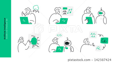 Artificial intelligence and human collaboration concepts. Doodle line characters working on laptop with robot, cloud computing, neural network, and coding. 142387424
