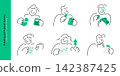 Personal budgeting and financial planning concepts. Doodle line characters holding calculator, saving money in piggy bank, checking report, and analyzing growth chart. 142387425