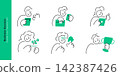 Business success and achievement concepts. Doodle line characters holding trophy award, puzzle piece solution, growing plant, briefcase, and mobile phone. 142387426