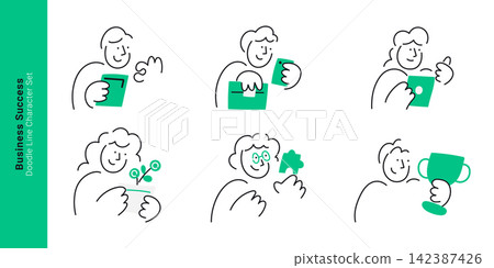 Business success and achievement concepts. Doodle line characters holding trophy award, puzzle piece solution, growing plant, briefcase, and mobile phone. Business success and achievement concepts. Doodle line characters holding trophy award, puzzle piece solution, growing plant, briefcase, and mobile phone. 142387426