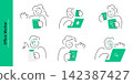 Office worker and business routine concepts. Doodle line characters working on laptop, using smartphone, holding document, and waving hand. 142387427