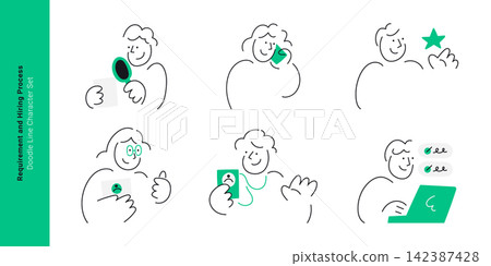 Recruitment and job hiring process concepts. Doodle line characters reviewing resume with magnifying glass, calling candidate, evaluating rating star, and checking tasks. Recruitment and job hiring process concepts. Doodle line characters reviewing resume with magnifying glass, calling candidate, evaluating rating star, and checking tasks. 142387428