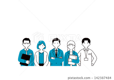 A set of simple line-drawn vector illustrations of the upper bodies of young male and female business professionals working in a company. A set of simple line-drawn vector illustrations of the upper bodies of young male and female business professionals working in a company. 142387484