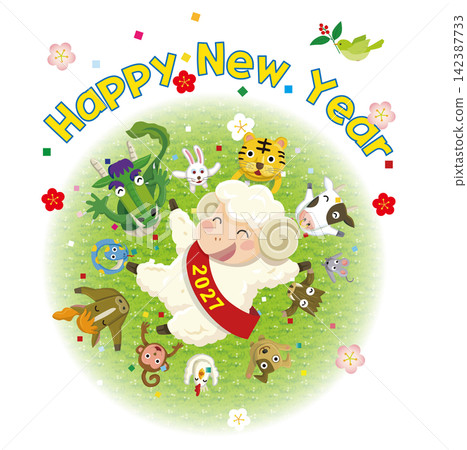 New Year's Greeting Card 2027: The Twelve Zodiac Animals Lifted in the Air - New Year's Illustration for the Year of the Sheep New Year's Greeting Card 2027: The Twelve Zodiac Animals Lifted in the Air - New Year's Illustration for the Year of the Sheep 142387733