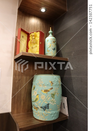 Decorative Ceramic Display with Bottle and Box Decorative Ceramic Display with Bottle and Box 142387751