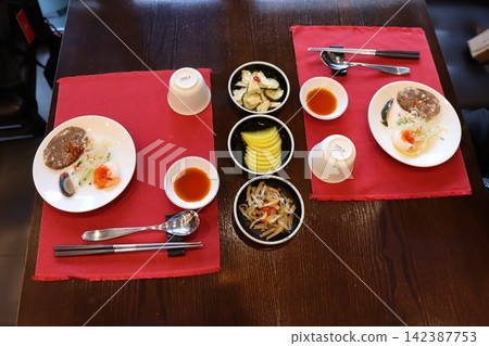 Korean Restaurant Table Setting with Side Dishes Korean Restaurant Table Setting with Side Dishes 142387753