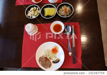 Korean Meal Setup on Wooden Table Korean Meal Setup on Wooden Table 142387754