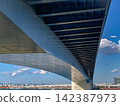 [Tamagawa Sky Bridge] The imposing dynamism of the bridge's underside; a passenger plane flying overhead and a distant view of Tokyo Skytree (16:9) 142387973