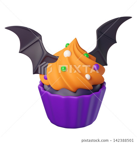 3d Cartoon Halloween cupcake with orange swirl frosting and bat wings on a purple wrapper isolated on background. Perfect for spooky decor, parties, games 142388501