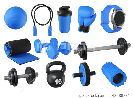 Fitness 3D icon set. Gym equipment, healthy lifestyle and workout objects. Ball, rope, shaker bottle, boxing glove, smartwatch, mat, dumbbells, barbell, kettlebell. Fitness 3D icon set. Gym equipment, healthy lifestyle and workout objects. Ball, rope, shaker bottle, boxing glove, smartwatch, mat, dumbbells, barbell, kettlebell. 142388785