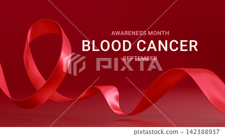 Blood Cancer Awareness banner. Red ribbon on red background. Ideal for campaigns, events, and educational materials, medical, and social causes. 3d render Blood Cancer Awareness banner. Red ribbon on red background. Ideal for campaigns, events, and educational materials, medical, and social causes. 3d render 142388937