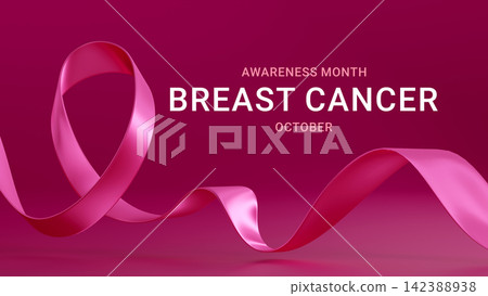 Breast Cancer Awareness banner for October. Pink ribbon on background. Ideal for banners, medical campaigns, and educational materials. 3d render Breast Cancer Awareness banner for October. Pink ribbon on background. Ideal for banners, medical campaigns, and educational materials. 3d render 142388938
