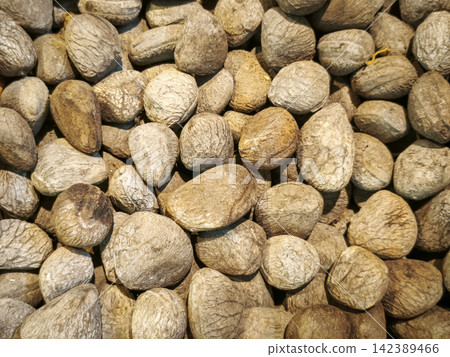 Pile of dried Terminalia chebula (haritaki or chebulic myrobalan) fruits, traditional Asian herbal medicine and natural spice Pile of dried Terminalia chebula (haritaki or chebulic myrobalan) fruits, traditional Asian herbal medicine and natural spice 142389466