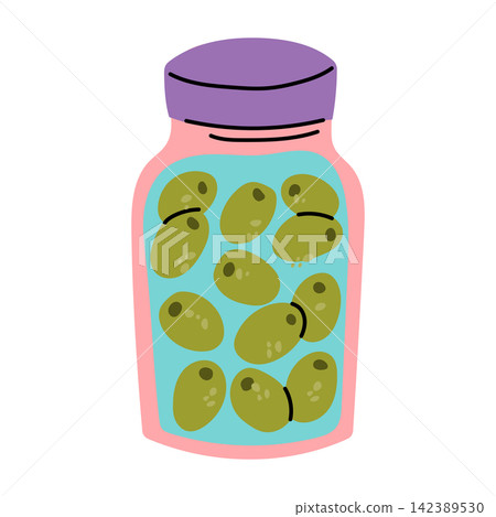Jar of Canned Green Olives Flat Illustration Jar of Canned Green Olives Flat Illustration 142389530