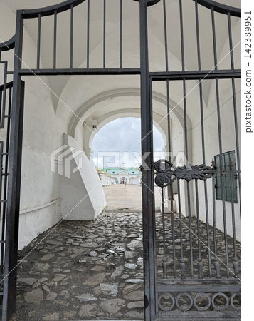 View through ornate iron gate onto cobblestone path and old architectural archway background View through ornate iron gate onto cobblestone path and old architectural archway background 142389951