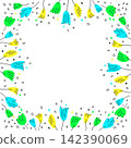 A decorative border featuring colorful hand-drawn flowers in blue, green, and yellow. The center is blank, suitable for text or other designs. 142390069