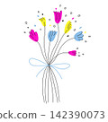 Cute bouquet of multicolor flowers in doodle style. Simple vector illustration for birthday, anniversary celebration, Mother's Day decoration. Isolated flat clipart for greeting card, party invitation 142390073