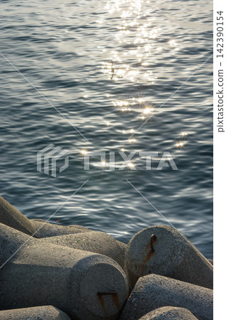 A serene seacape with gentle ripples and sparkling sun reflections 142390154