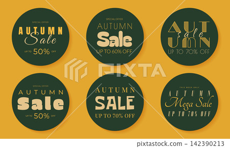 autumn sale round vector stickers set with dark green discount badges. autumn sale round vector stickers set with dark green discount badges. 142390213