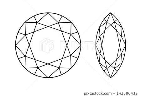 Set of Circle, Marquise diamond cut shapes. Design flat diagrams. Brilliant Marquis, Round cuts icons. Precious gemstone outline simple patterns for jewellery design, branding, packaging, logos. 142390432