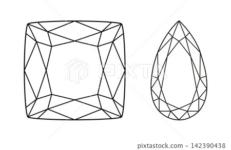 Set of Pear, Cushion diamond cut shapes. Gemstone outline flat patterns for jewellery design, branding, packaging, logo. Pear, Cushion brilliant cut minimal icons. 142390438