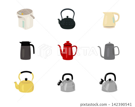 一套水壺、茶壺和電水壺的插圖。 一套水壺、茶壺和電水壺的插圖。 142390541