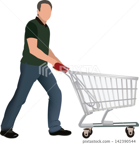 Man pushing shopping cart in supermarket, consumerism concept Man pushing shopping cart in supermarket, consumerism concept 142390544