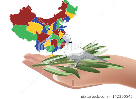 Hand holding olive branch with dove and china map symbolizing peace Hand holding olive branch with dove and china map symbolizing peace 142390545