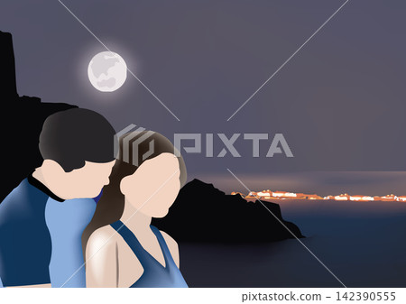 Couple watching city lights across water under moon Couple watching city lights across water under moon 142390555