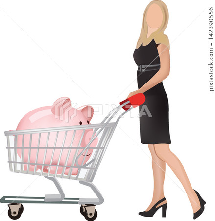 Businesswoman pushing shopping cart with piggy bank inside Businesswoman pushing shopping cart with piggy bank inside 142390556