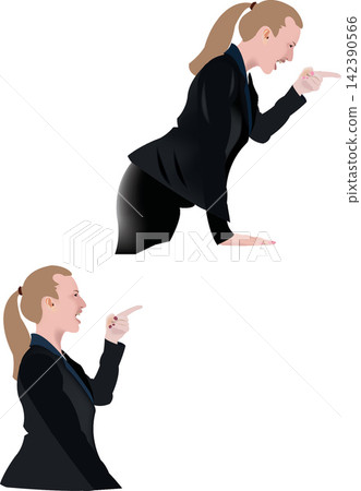Businesswoman pointing and shouting in two different poses Businesswoman pointing and shouting in two different poses 142390566