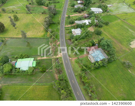 Aerial view of rural asphalt road passing green rice fields and farmhouses during rainy season, connecting agricultural communities while supporting food production and countryside transportation Aerial view of rural asphalt road passing green rice fields and farmhouses during rainy season, connecting agricultural communities while supporting food production and countryside transportation 142390600