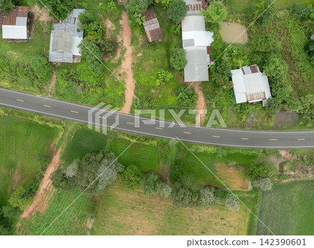 Aerial view of rural asphalt road passing green rice fields and farmhouses during rainy season. Rural infrastructure that connects farming communities, agriculture and local food production. Aerial view of rural asphalt road passing green rice fields and farmhouses during rainy season. Rural infrastructure that connects farming communities, agriculture and local food production. 142390601